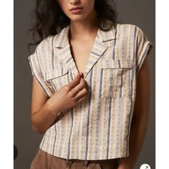 By Anthropologie Cropped Utility Pullover Top‎ Striped Tan Purple Pink Size XS - Picture 1 of 9